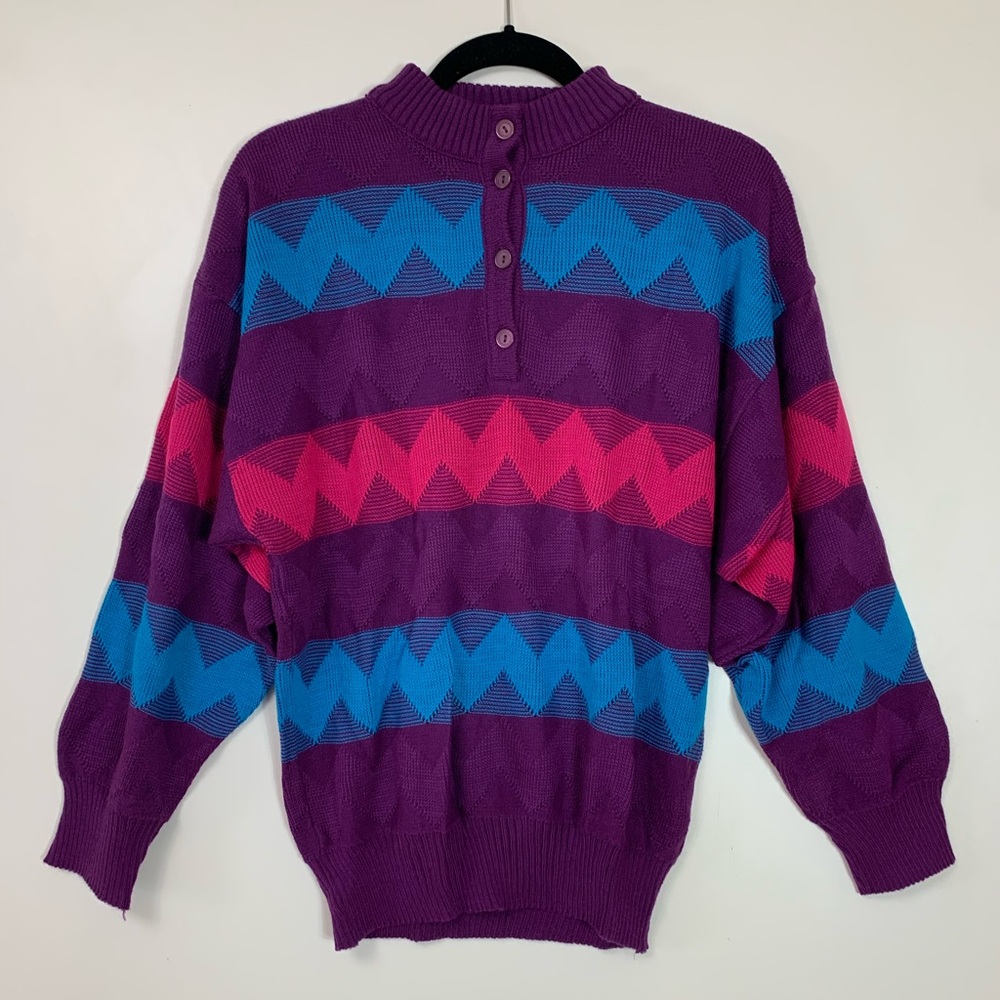 VTG Express Knit Zig Zag Grandpa Sweater Size Large Bright Retro Statement Cozy